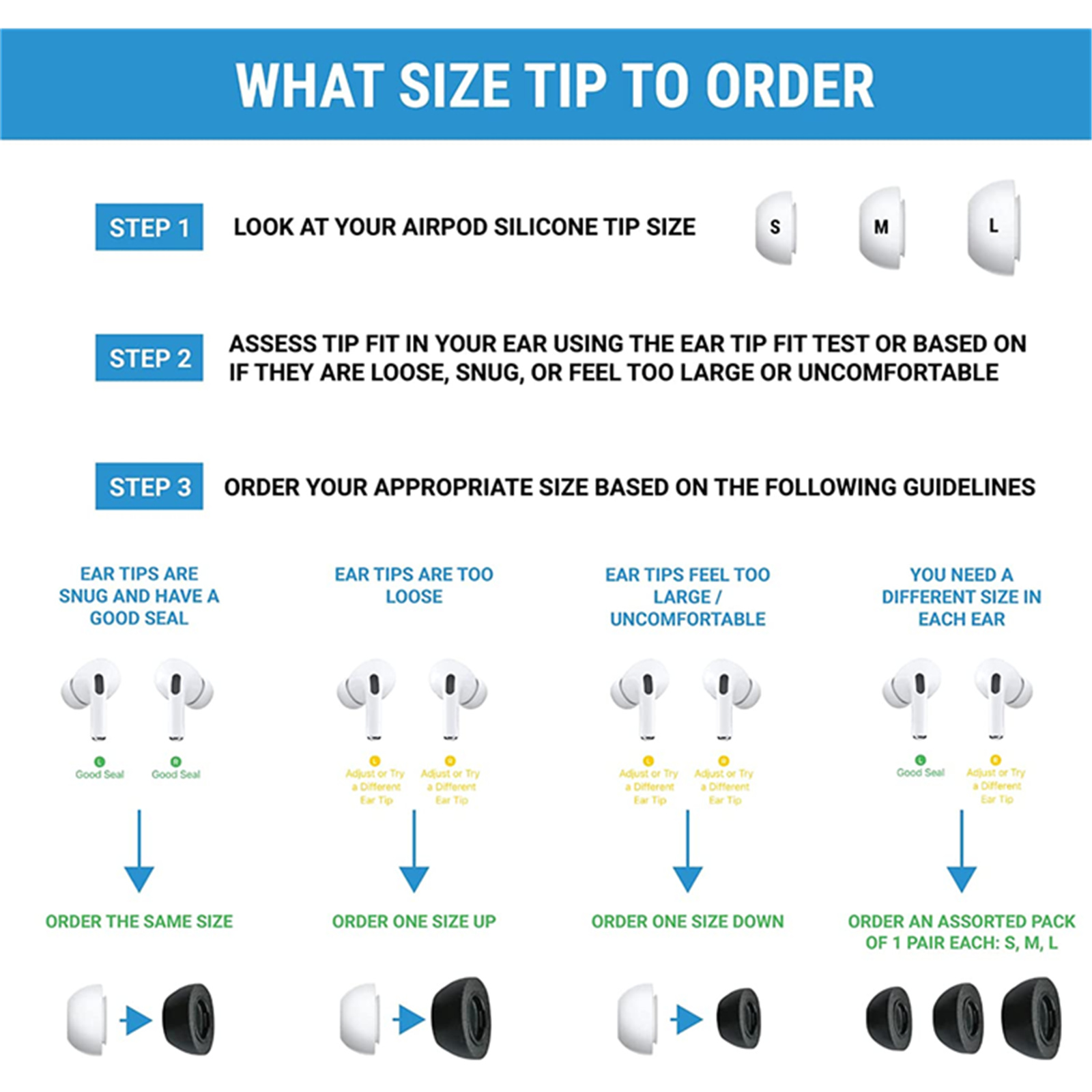 Comply (Assorted) Memory Foam Tips for Apple AirPods Pro - Assorted 3-pack (2x Small/2x Medium/2x Large) - compatible with AirPods Pro & AirPods Pro 2nd Generation