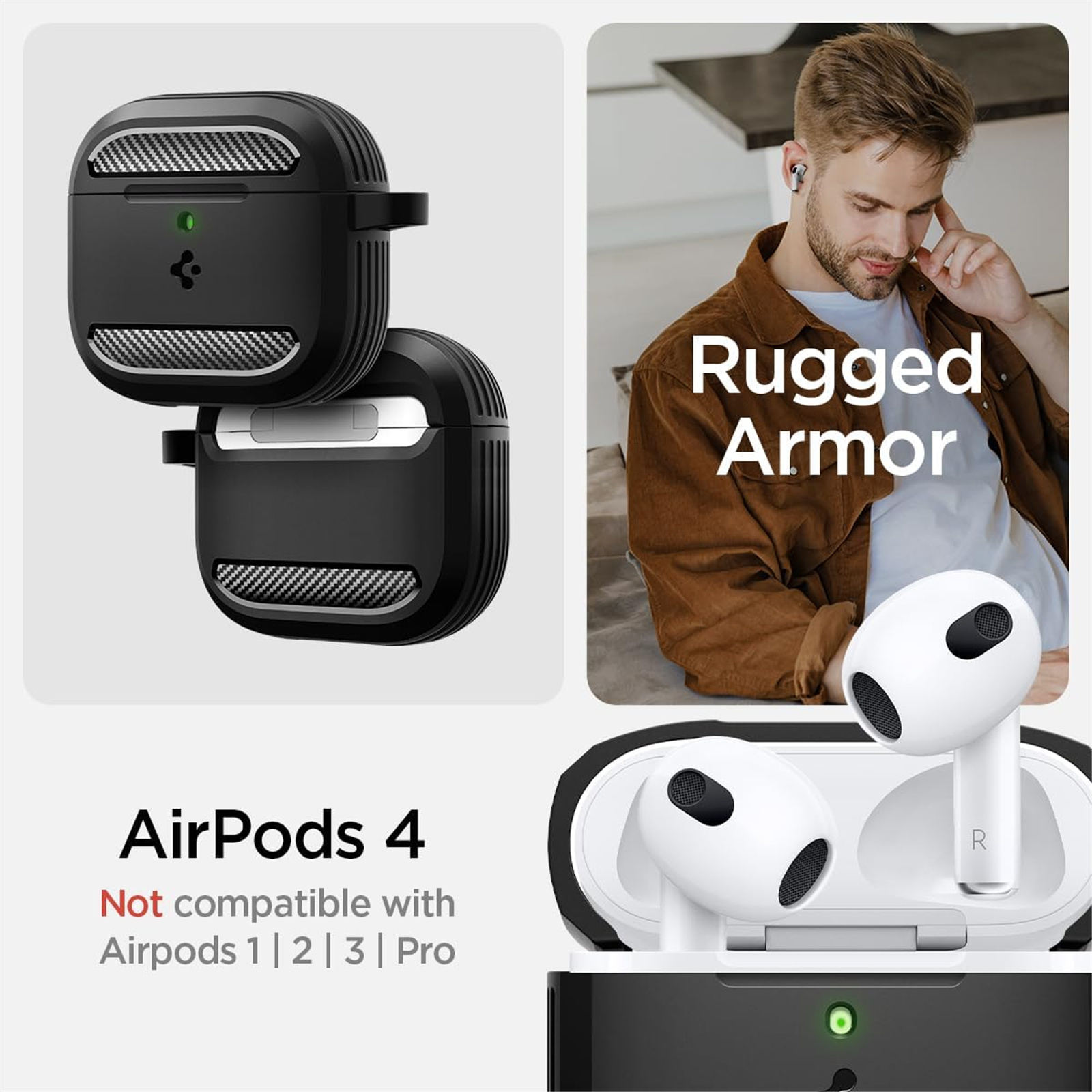 Spigen Apple Airpods 4 Rugged Armour Case - Matte Black - Compatible with Airpods 4 & AirPods 4 with Active Noise Cancellation
