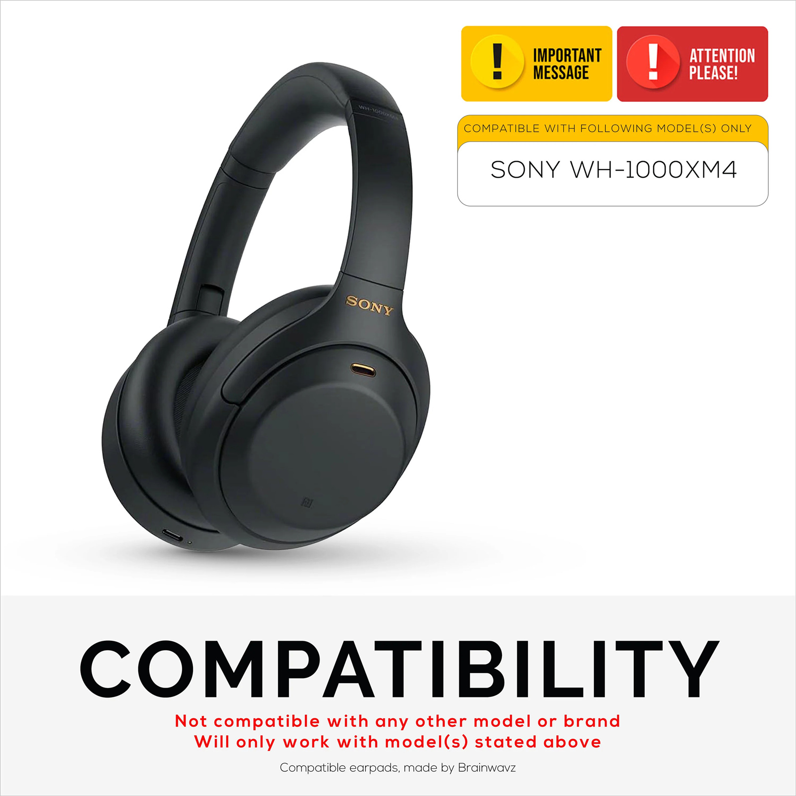 Brainwavz Sony WH-1000XM4 Premium Replacement Earpads for Headphones - Black - Compatible with WH-1000XM4 (4th Generation)