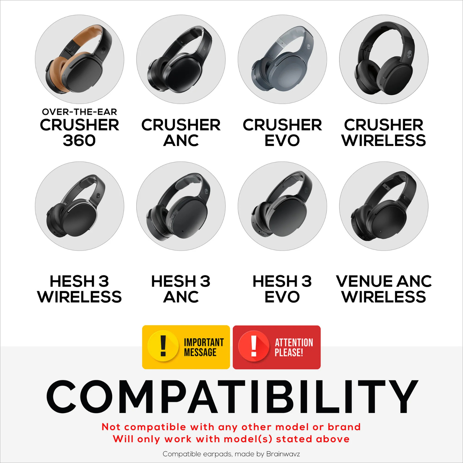 Brainwavz Skullcandy Crusher/Hesh/Venue Premium Replacement Earpads for Headphones - Black - replacement earpads for Skullcandy Crusher Wireless, Crusher Evo, Crusher ANC, Hesh 3, Hesh ANC, Hesh Evo & Venue ANC headphones