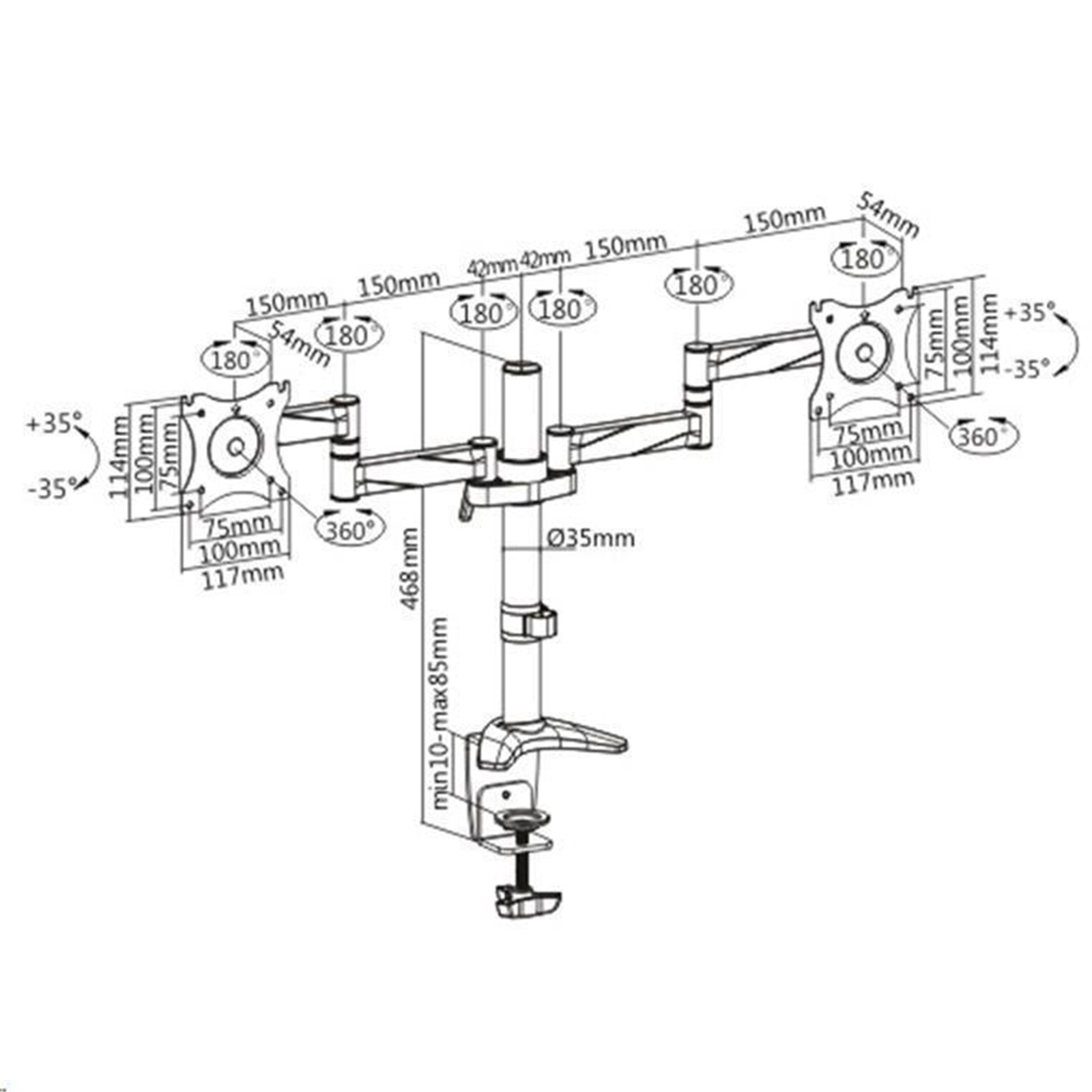 Brateck LUMI LDT11-C024 13''-27'' Dual monitor desk mount - Max load: 8kg per arm - Supports VESA 75x75 & 100x100 - Extend, tilt and swivel - Max arm extension - 792mm - Colour: Slate black & metallic grey