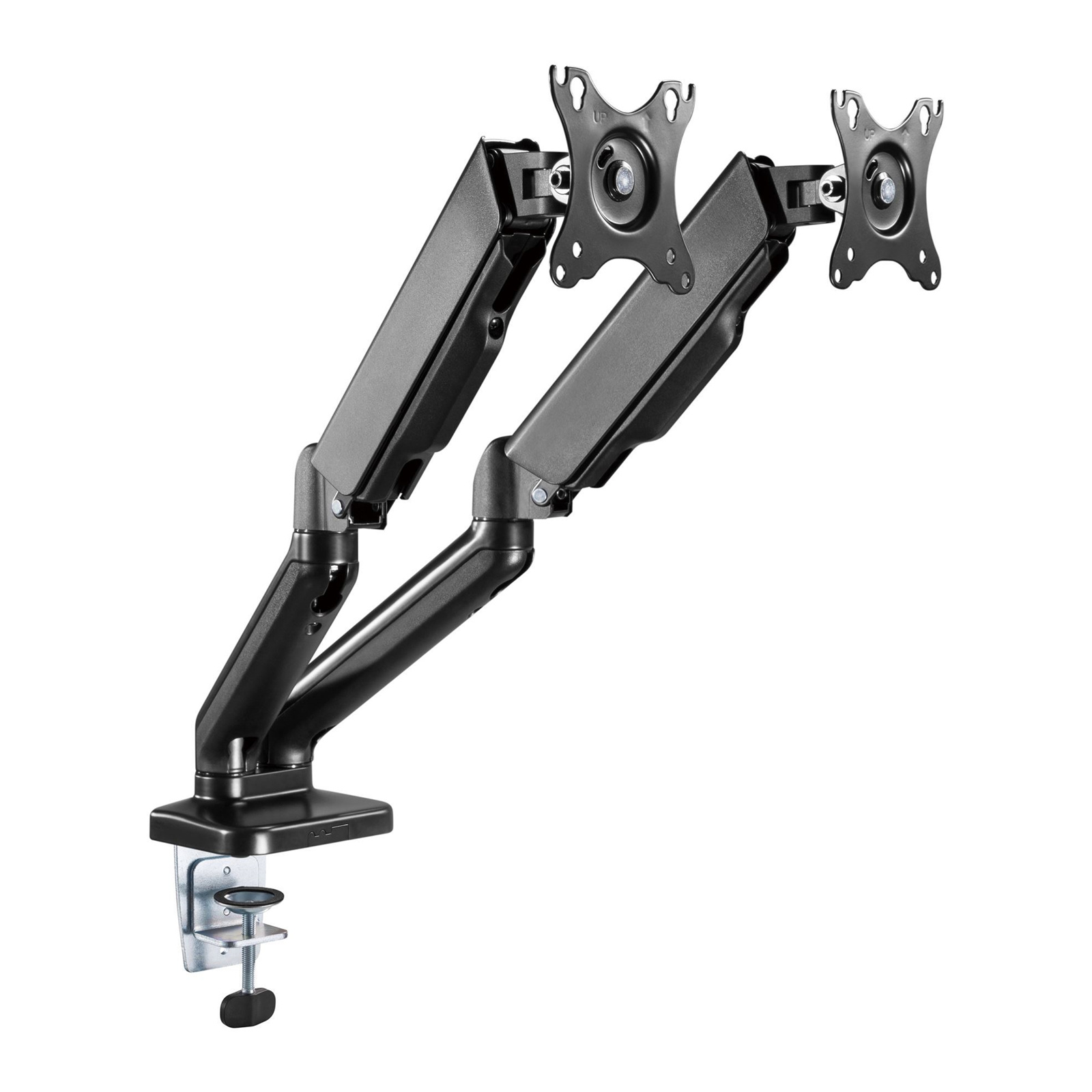 Brateck Lumi LDT46-C024 Elegant Dual 13 -27 Counter Balance Monitor Desk Mount. Max Load 6.5Kgs. Supports VESA 75x75 & 100x100. Gas Spring with Matt Plastic Surface. Extend, Tilt & Swivel. Black Colour