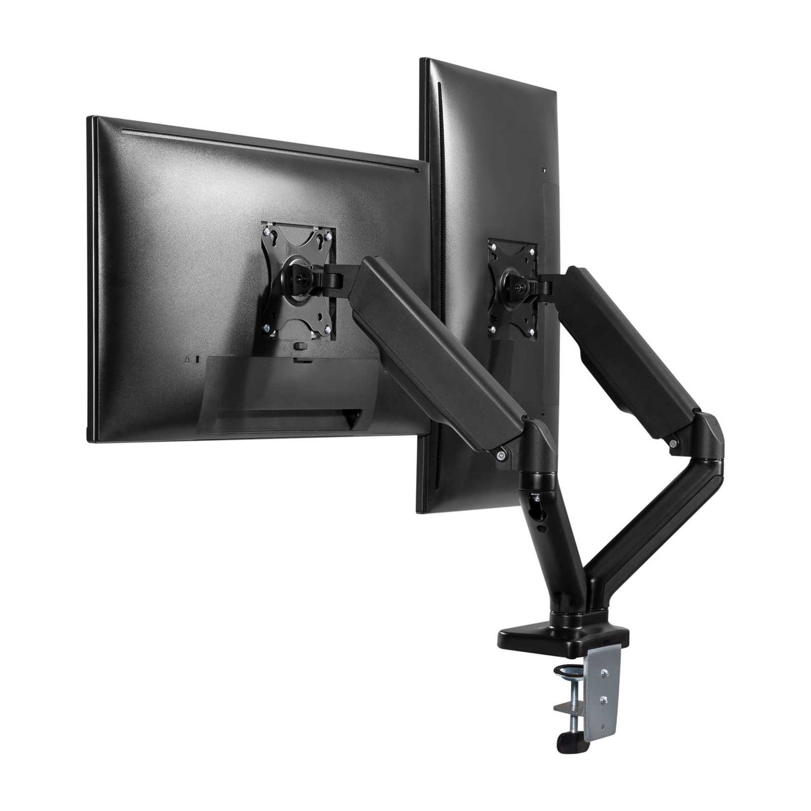Brateck Lumi LDT46-C024 Elegant Dual 13 -27 Counter Balance Monitor Desk Mount. Max Load 6.5Kgs. Supports VESA 75x75 & 100x100. Gas Spring with Matt Plastic Surface. Extend, Tilt & Swivel. Black Colour