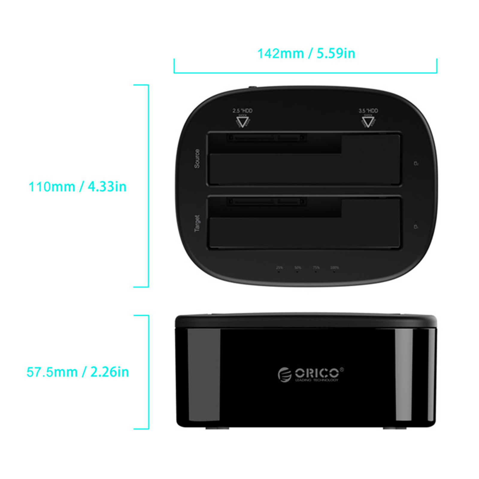Orico Dual Bay 2.5" & 3.5" SATA to USB 3.0 External Hard Drive Docking Station Duplicator Clone Function For HDD SSD (6228US3) BLACK